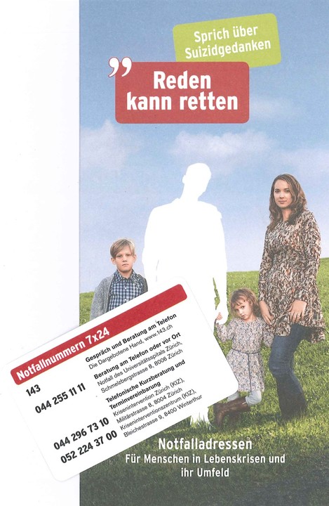 Reden kann Retten Flyer mit Notfalladressen. Bild Reden kann Retten Flyer mit Notfalladressen. Bild